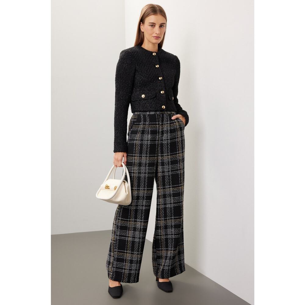 Slate & Willow Black Plaid Tweed Wide Leg High Rise Trouser Dress Pants Size M
